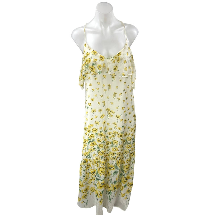Zara White Yellow Cold Shoulder Floral Scoop Neck Cami Cross Back Midi Dress S