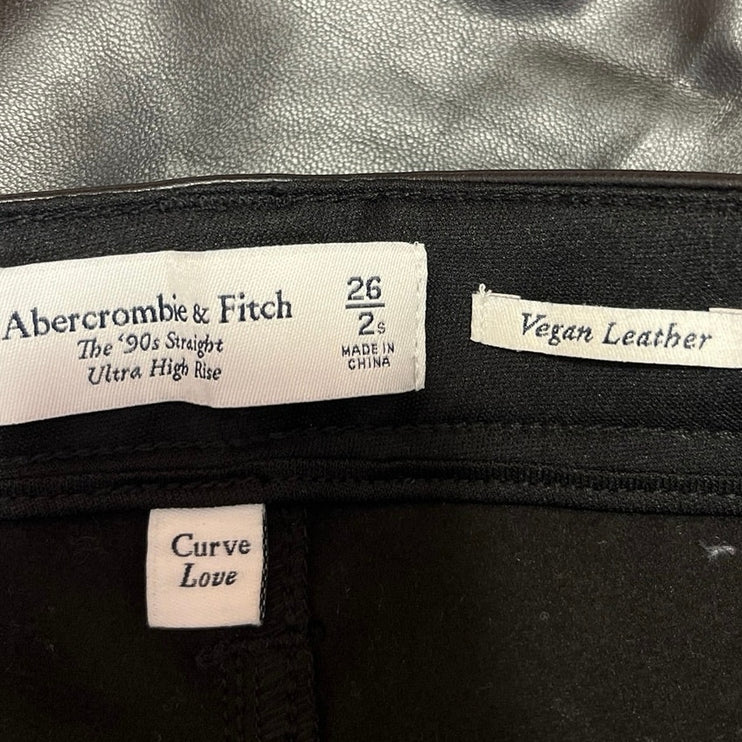 Abercrombie & Fitch NWT Black Vegan Leather 90s Straight High Rise Pants Sz 26