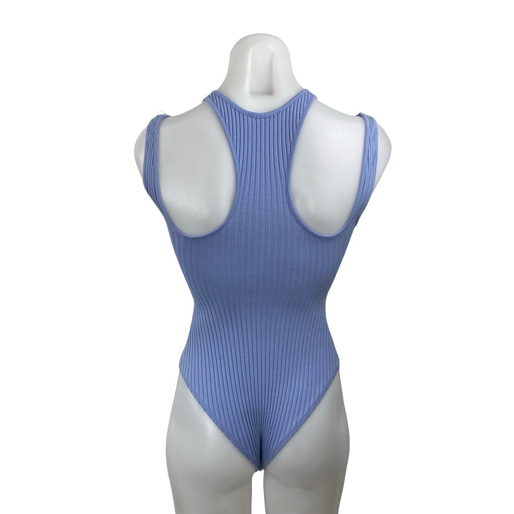 Zara Women's Blue Ribbed Cut Out High Neck Sleeveless Cami Tank Bodysuit Top S