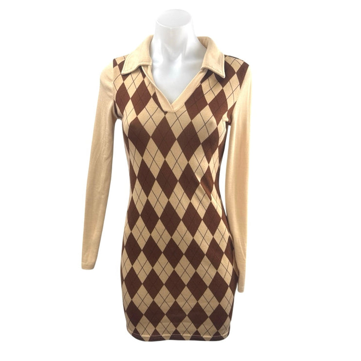 Women's Brown Argyle Collared V Neck Long sleeve Mini Bodycon Sweater Dress Sz S