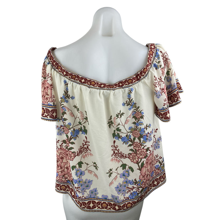 Francesca's Blue Rain Floral Off Shoulder Short Sleeve Peasant Blouse Top Size S