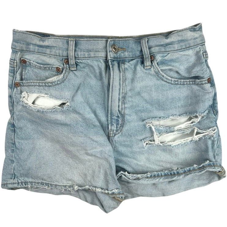 American Eagle Strigid Denim Light Wash Distressed Raw Hem Jeans Mom Shorts 10