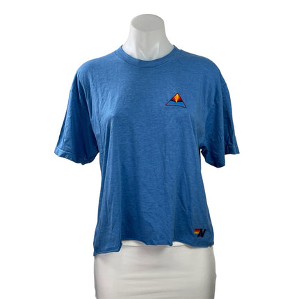 Aviator Nation Blue Crewneck Short Sleeve Frayed Hem Casual Tee T-shirt Top Sz L
