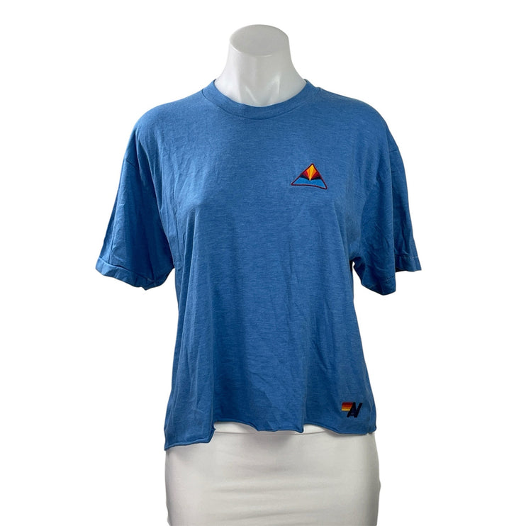Aviator Nation Blue Crewneck Short Sleeve Frayed Hem Casual Tee T-shirt Top Sz L
