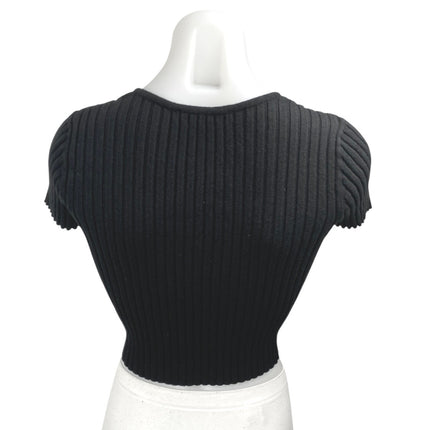 Cotton Candy LA Black Short Sleeve Ribbed Knit Button Front Crop Top Size M