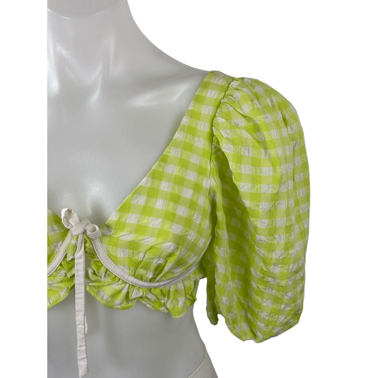 For Love & Lemons Maureen Green Gingham Check Puff Sleeve Crop Top Size XS