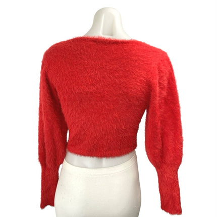 Zara Women's Red Fuzzy Faux Fur Square Neck Long Puff Sleeve Crop Sweater Top S