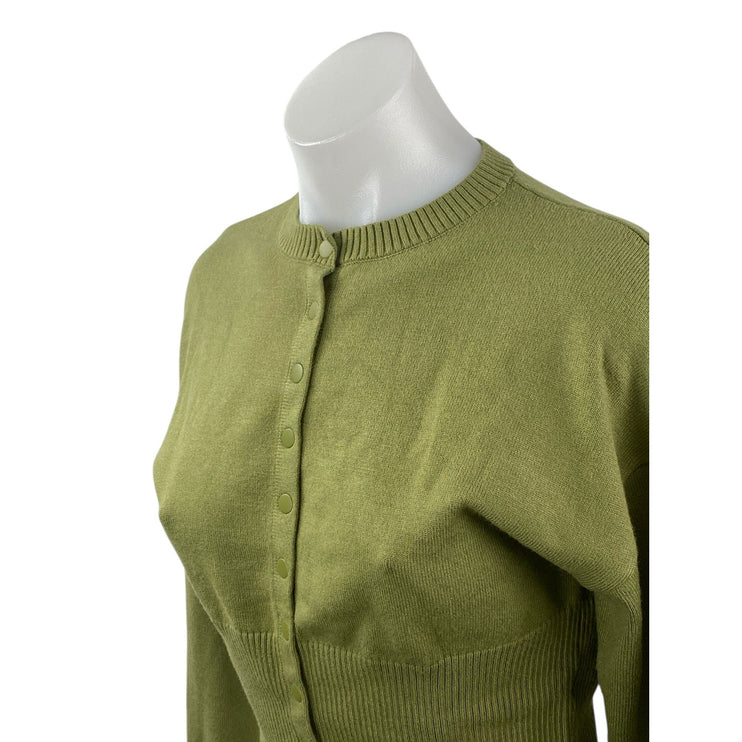 Lioness Women's Green Knit Crew Neck Long Sleeve Crop Cardigan Sweater Top Sz S