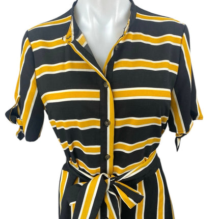 WhoWhatWear Black Yellow Short Sleeve Button Down Belted Midi Shirt Dress Size M
