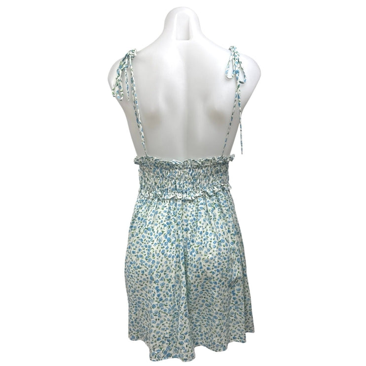 Zara Blue Linen Floral Sleeveless Smocked Mini Cami Camisole Tank Dress Size M