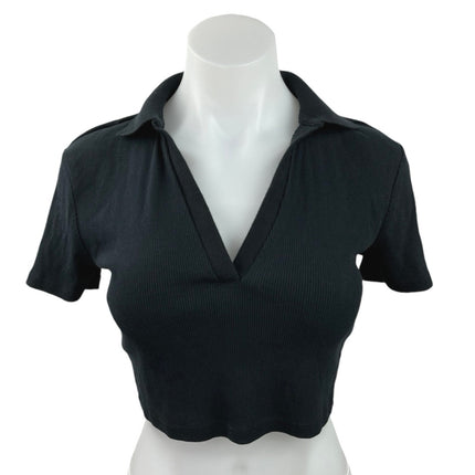 Zara Black V-Neck Collar Ribbed Knit Short Sleeve Stretch Boxy Crop Top Size M