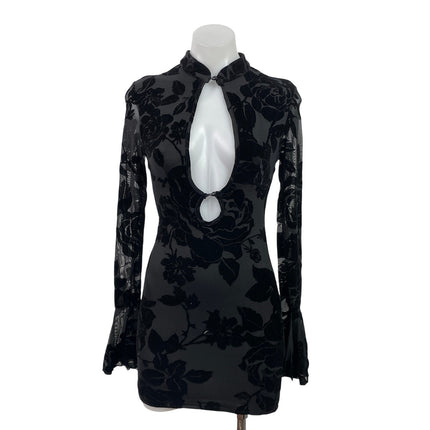 NEW Missguided Black Velvet Sheer Floral Long Bell Sleeve Mini Bodycon Dress XS