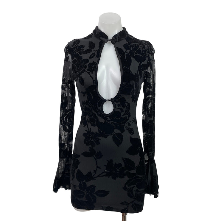 NEW Missguided Black Velvet Sheer Floral Long Bell Sleeve Mini Bodycon Dress XS