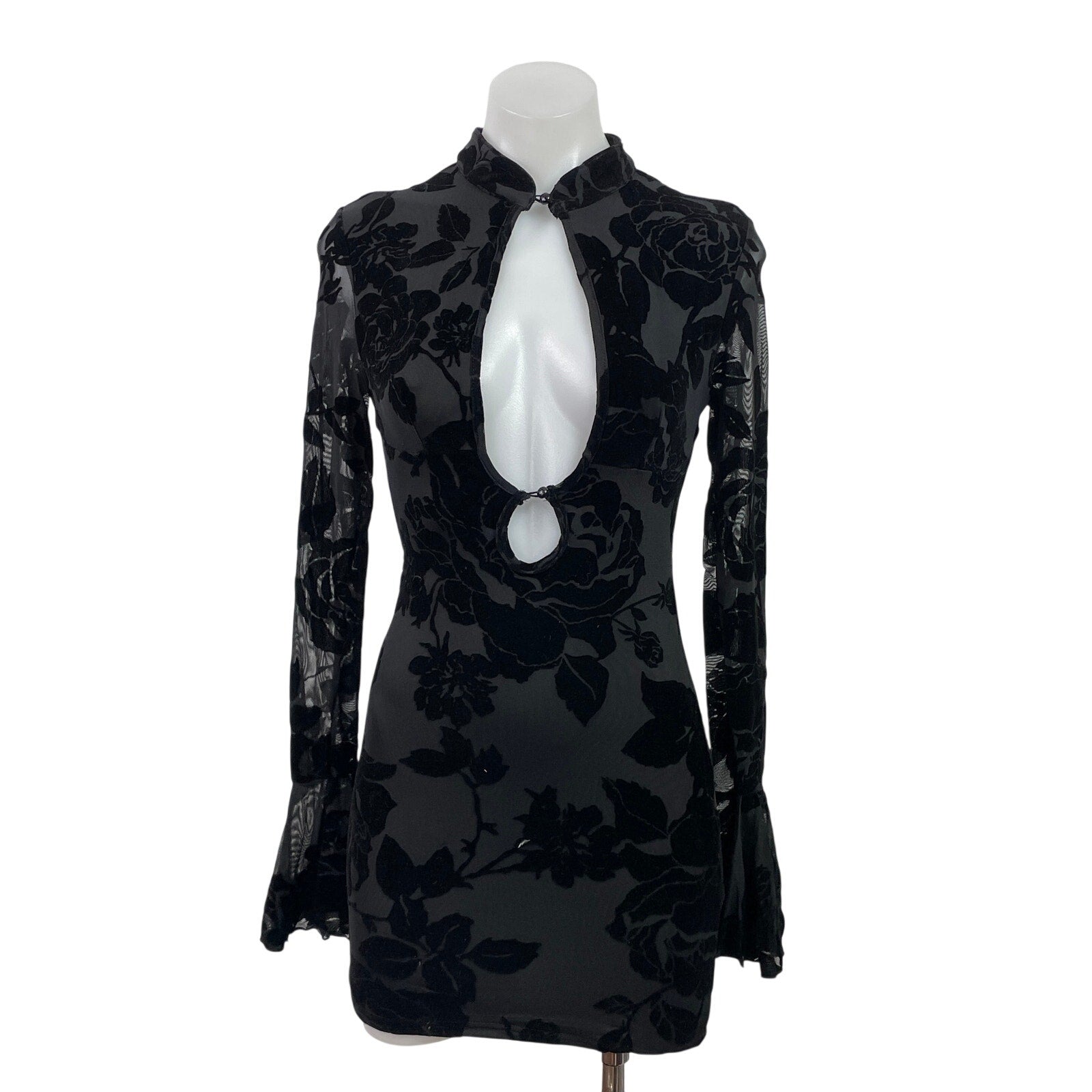 NEW Missguided Black Velvet Sheer Floral Long Bell Sleeve Mini Bodycon – Brie