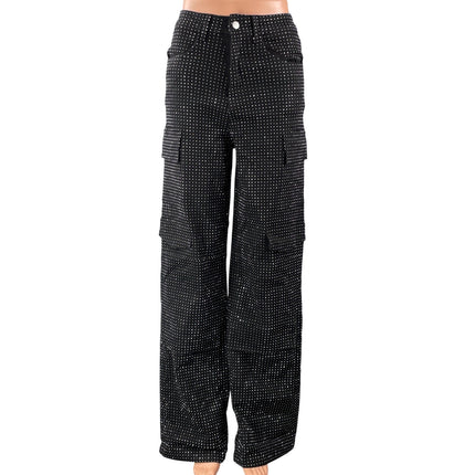 Women's Black High Rise Rhinestone Pocket Straight Leg Cargo Denim Jeans Pants S