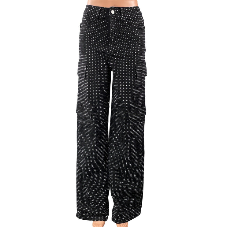 Women's Black High Rise Rhinestone Pocket Straight Leg Cargo Denim Jeans Pants S