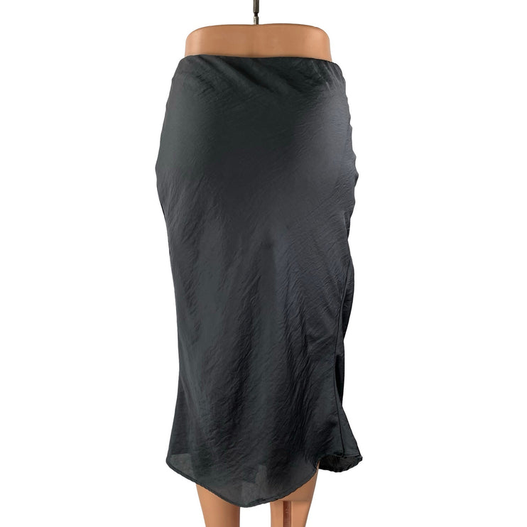 Forgotten Grace Gray Silk Satin High Waist Ruffle Pencil Flare Midi Skirt Sz XS