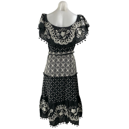 Anthropologie Marisol Black Off The Shoulder Embroidered Tie Waist Midi Dress 4