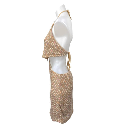 NEW Molly Green Brown Sleeveless Knitted Halter Tie Cutout Mini Pencil Dress L