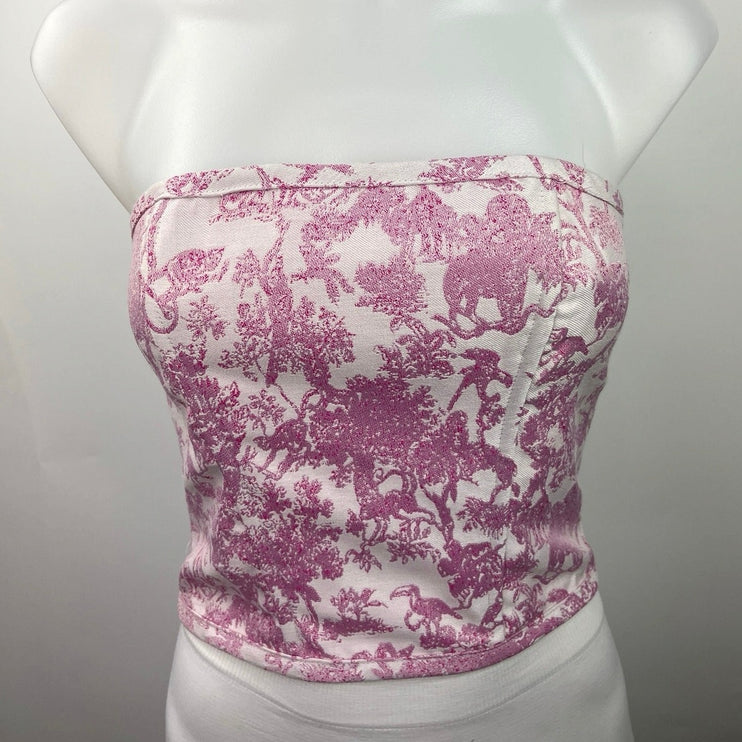 Tic Toc Womens Pink Floral Print Strapless Criss Cross Tie Back Bustier Top Sz S