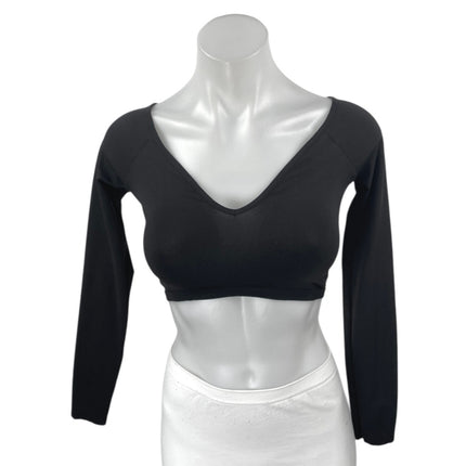 Zara Women's Black Long Sleeve V Neck Padded Stretch T Shirt Tee Crop Top Size M