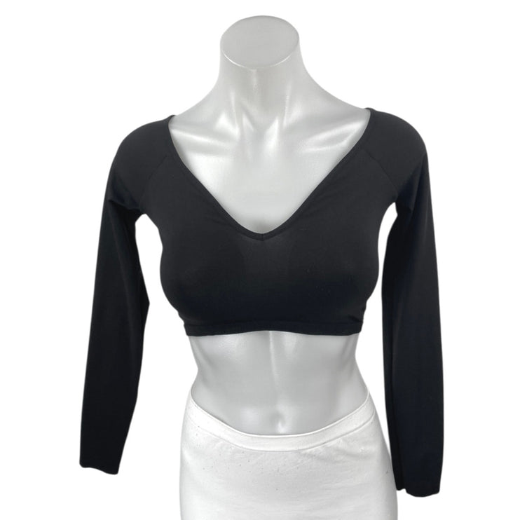 Zara Women's Black Long Sleeve V Neck Padded Stretch T Shirt Tee Crop Top Size M