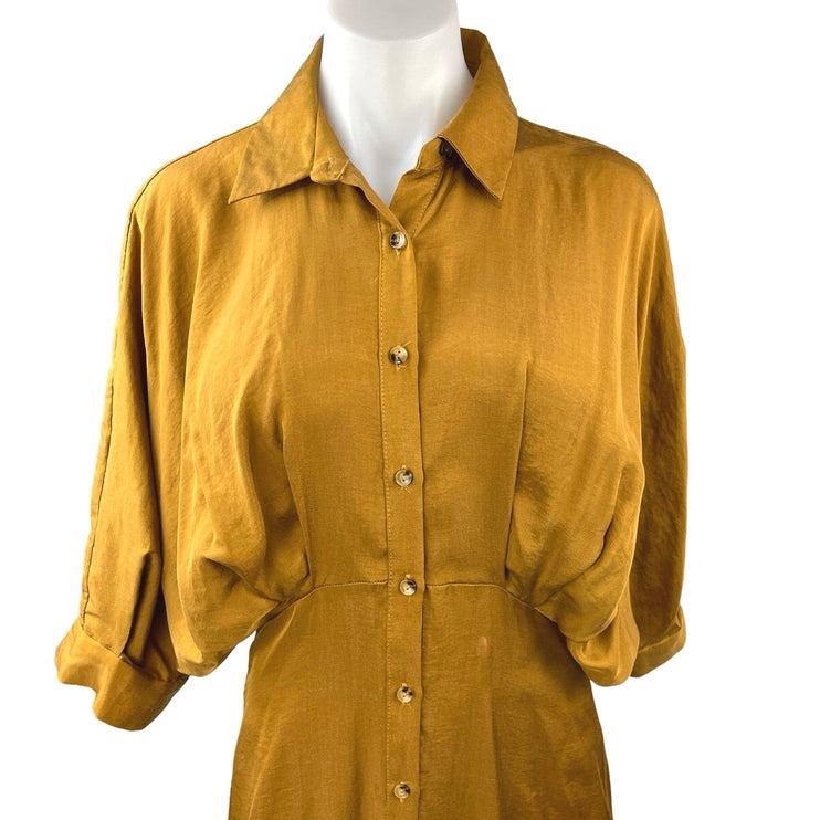 Zara Mustard Yellow Sateen Button Down Dolman Sleeve Midi Blouson Shirt Dress XS