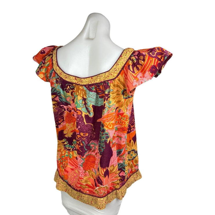 Xhilaration Multicolor Floral Paisley Ruffle Flutter Sleeve Boho Blouse Top Sz L