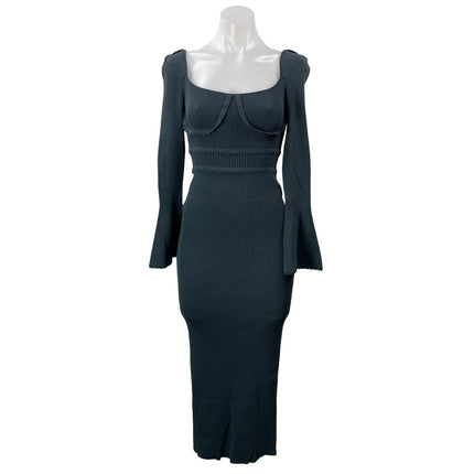 NEW Self-Portrait Scallop Edge Dark Gray Long Bell Sleeves Rib Knit Midi Dress S