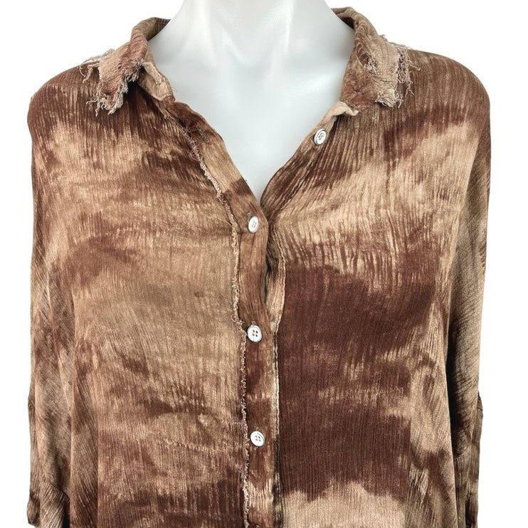 12th Tribe Brown Ritual Mocha Tie Dye Button Up Ripped Edges 3/4 Sleeve Top Sz L