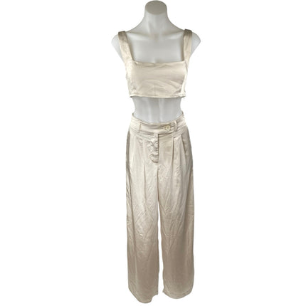Princess Polly Cream Silky Satin Crop Top & WideLeg Trousers Matching Set Size 8