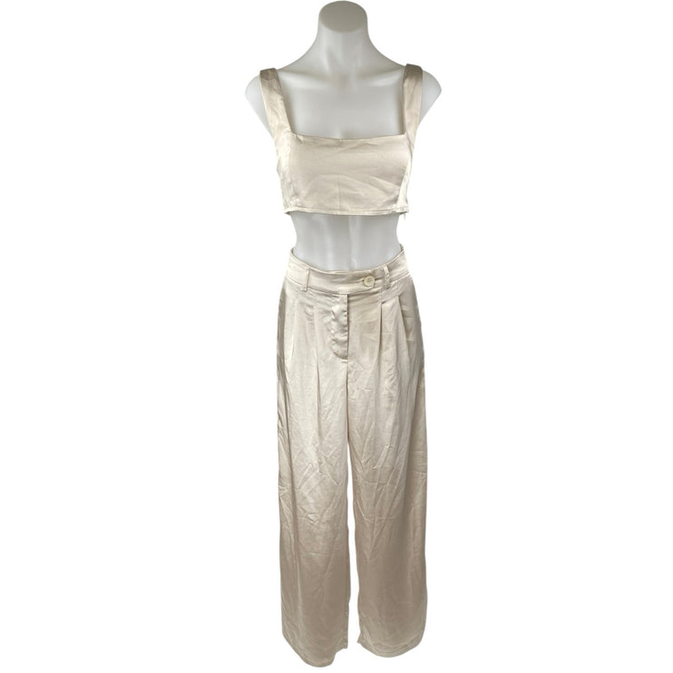 Princess Polly Cream Silky Satin Crop Top & WideLeg Trousers Matching Set Size 8