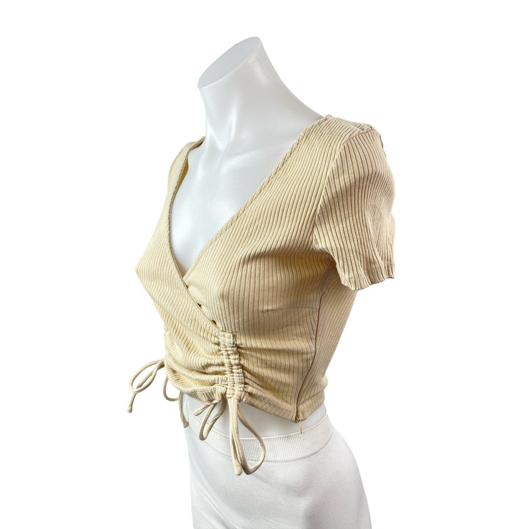 Princess Polly Women's Cream Beige Ribbed Knit V Neck Ruched Crop Top Size 2