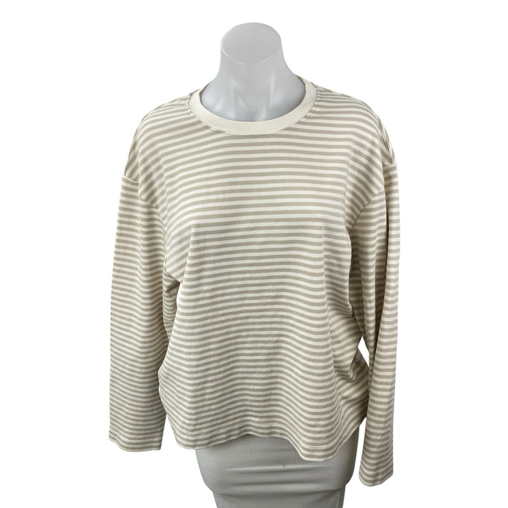 Zara Women's White Gray Striped Crew Neck Long Sleeve Sweatshirt Sweater Top L
