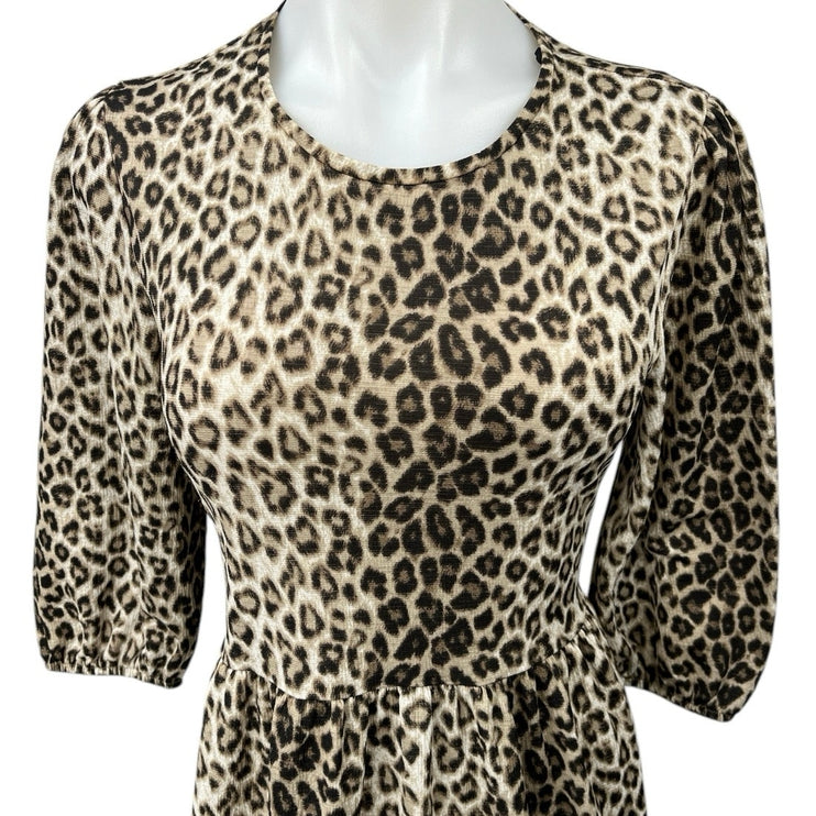 Zara Brown Black Leopard Animal Print 3/4 Sleeve Tiered Midi A-line Dress Size S