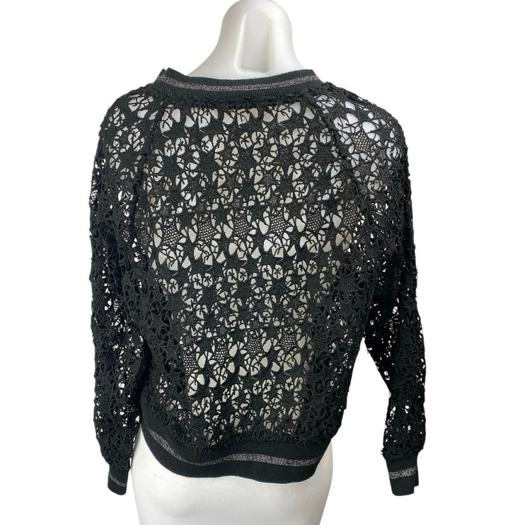 Zara Black Long Sleeve Star Open Knit Crochet Crew Neck Sweater Sweatshirt S