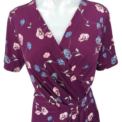 Banana Republic Purple Floral Short Sleeve Pleated Midi Wrap Sheath Dress Size S