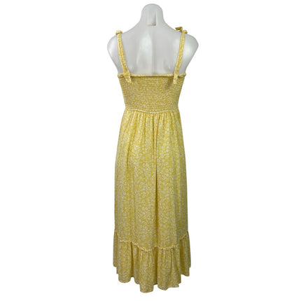 Japna Yellow Floral Shirred Smocked Sleeveless Tie A Line Fit & Flare Dress S