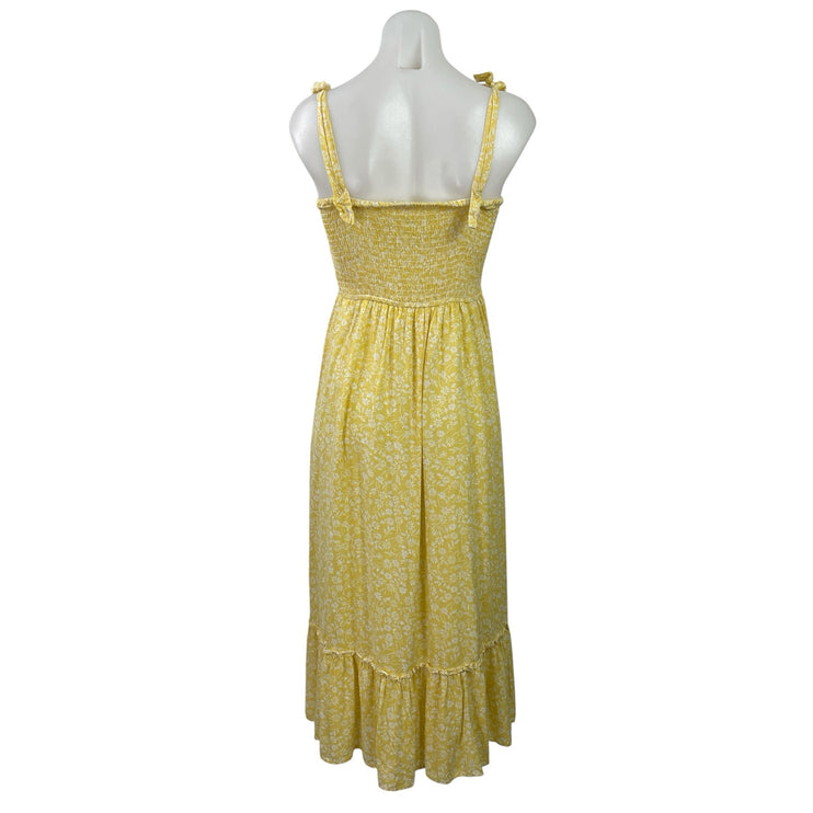 Japna Yellow Floral Shirred Smocked Sleeveless Tie A Line Fit & Flare Dress S
