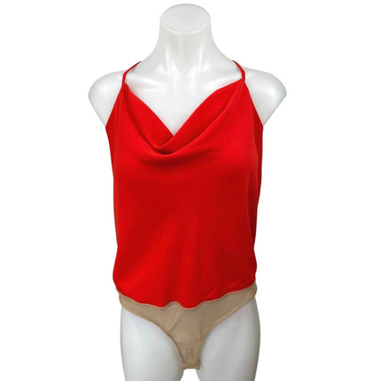 NEW ASTR Red Sleeveless Cowl Neck Silky Satin Cami Camisole Bodysuit Tank Top L