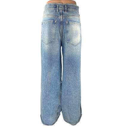 Ser.O.Ya Womens Blue High Waisted Distressed Wide Leg Baggy Denim Jeans Pants 31