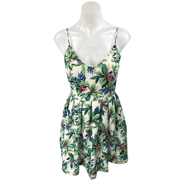 Paper Crane Green Floral Sleeveless Spaghetti Strap Mini Fit & Flare Dress Sz S