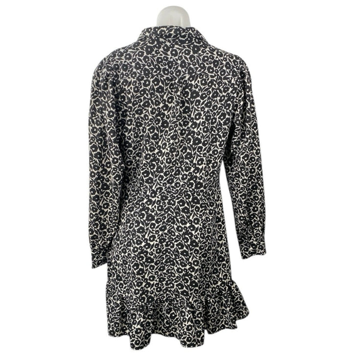 Topshop Black Floral Button Collared Bow Front Long Sleeve Mini Shirt Dress Sz 8