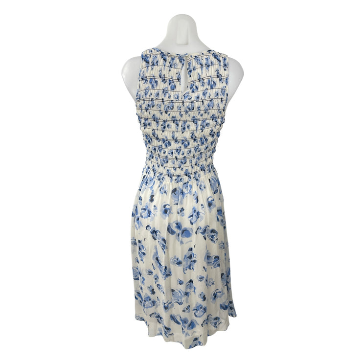Club Monaco 100% Silk Feleenie Floral Smocked Sleeveless Midi A-Line Dress Sz 4