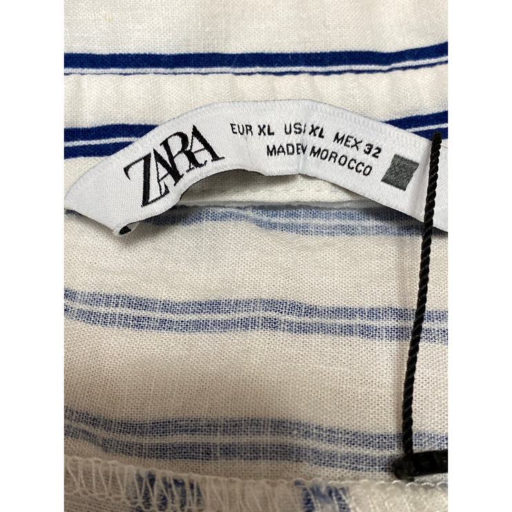 Zara Women's White Blue Striped Short Sleeve Button Down Cropped Shirt Top XL