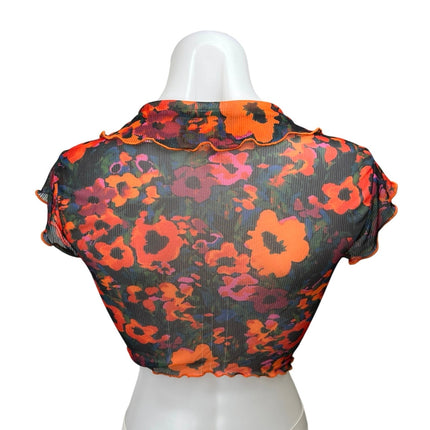 Urban Outfitters Multicolor Floral Flutter Sleeve Button Sheer Crop Top Blouse M