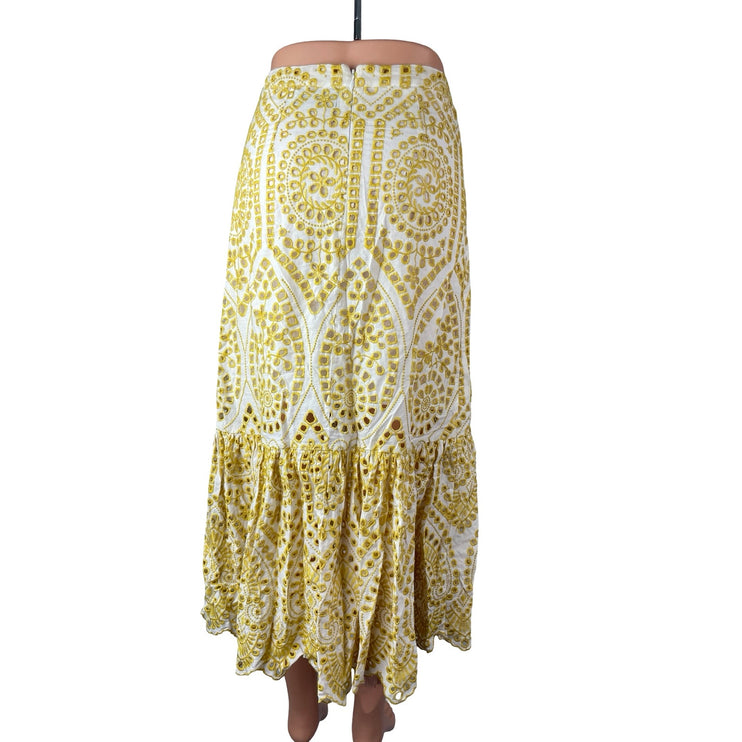 Minkpink Krista Women's Yellow Eyelet Embroidery Ruffled Midi A-Line Skirt Sz S