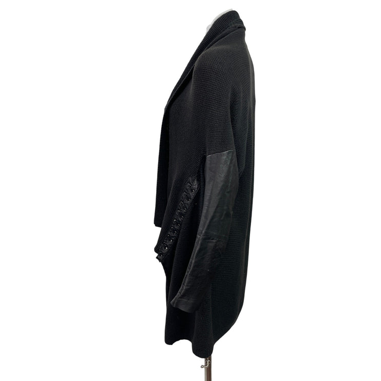 Maje Womens Black Knit Leather Long Sleeve Draoed Open Front Cardigan Sweater 3