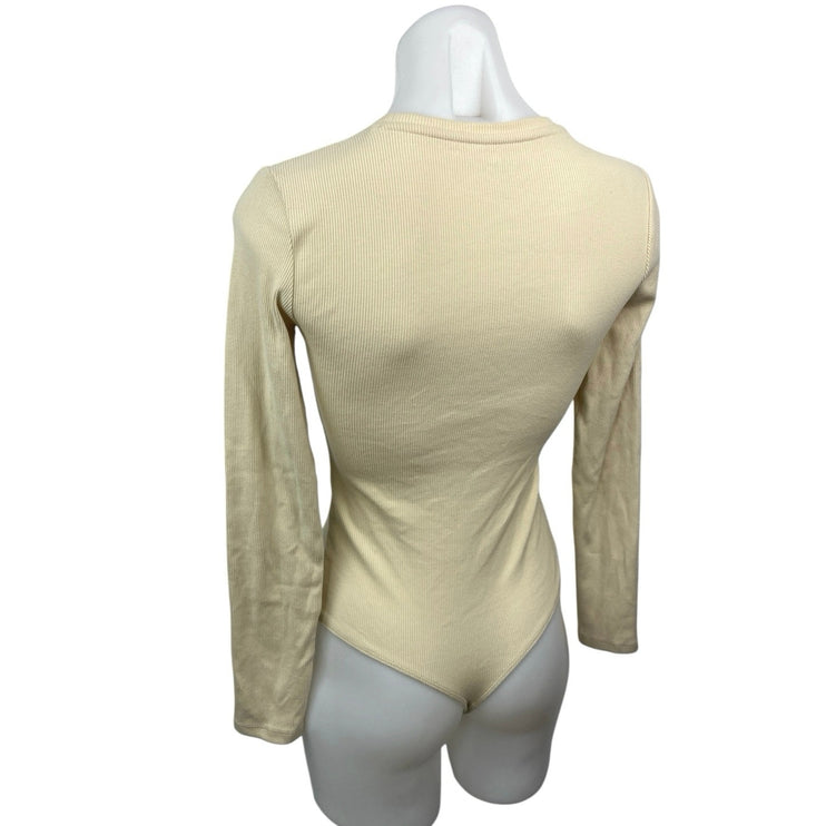 Abercrombie & Fitch Cream Ribbed Knit Crew Neck Long Sleeve Bodysuit Top Size XS