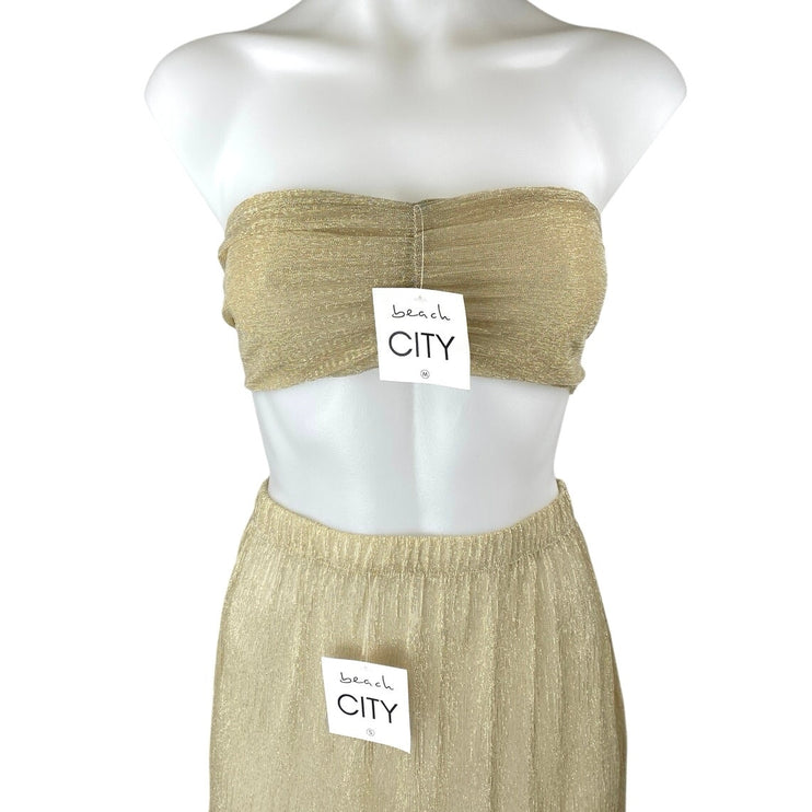 NEW Beach City Gold Metallic Ruffle Assymetric Skirt & Bandeau Tube Top Set Sz S
